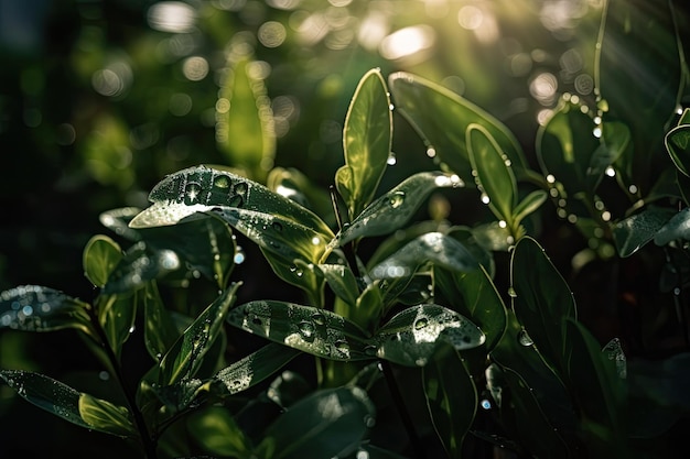 Primo piano di piante verdi con goccioline d'acqua e luce solare che splende attraverso