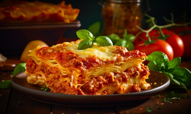 Primo piano di piatto di lasagne su tavola di legno IA generativa