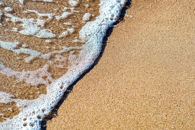 Primo piano di piccole onde del mare con acque cristalline sulla spiaggia di sabbia gialla in riva al sole estivo.