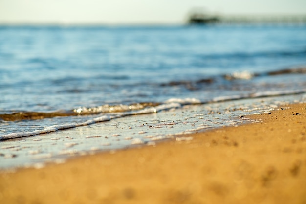 Primo piano di piccole onde del mare con acque cristalline sulla spiaggia di sabbia gialla in riva al sole estivo