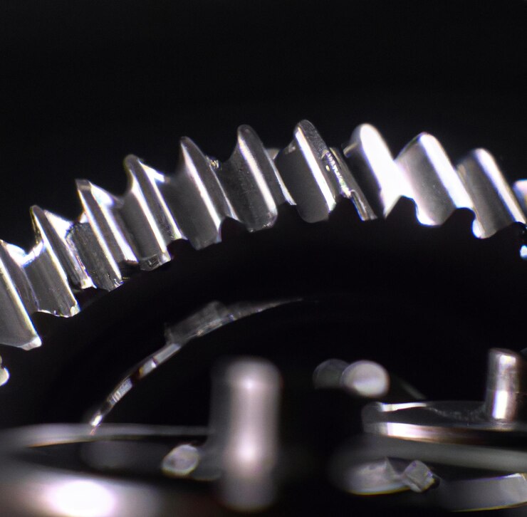 Primo piano di più denti d'argento e ingranaggi su sfondo nero