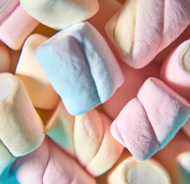 Primo piano di più marshmallow colorati che giacciono su sfondo rosa