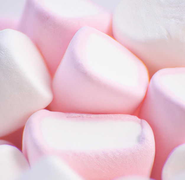 Primo piano di più marshmallow rosa giacenti su sfondo rosa