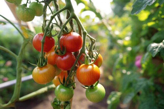 Primo piano di pomodori biologici che maturano sulla vite creata con l'IA generativa