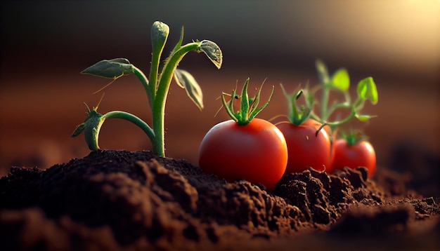 Primo piano di pomodori maturi che crescono su terreno IA generativa