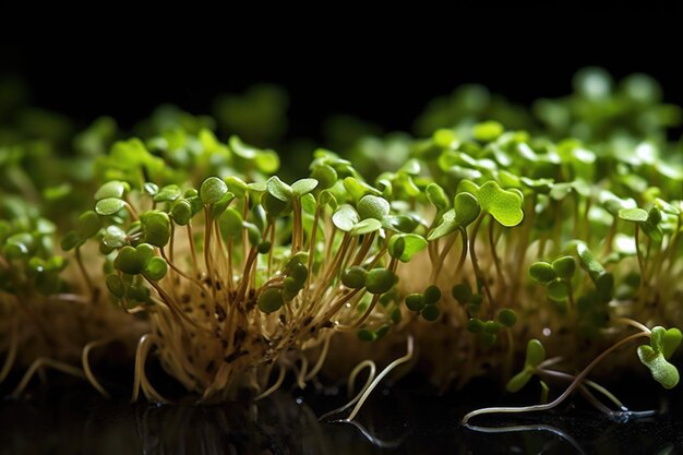 Primo piano di radici di microgreens intrecciate nel sistema idroponico creato con ai generativo