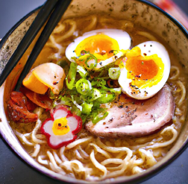 Primo piano di ramen in ciotola su sfondo nero creato utilizzando la tecnologia generativa ai