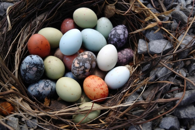 Primo piano di rare uova di uccelli in un'area di nidificazione unica creata con l'IA generativa