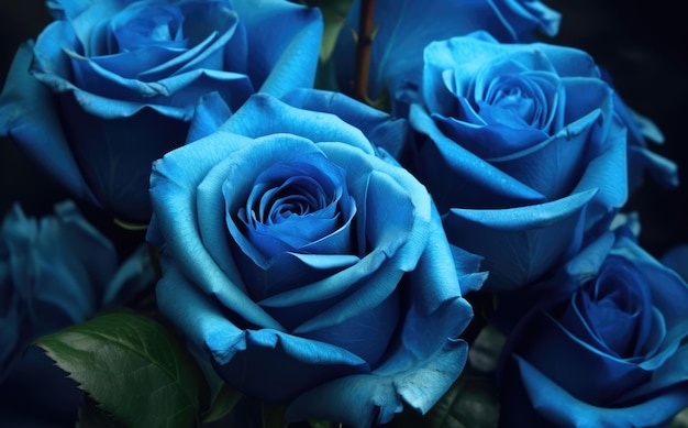 Primo piano di rose blu su sfondo nero creato utilizzando la tecnologia generativa ai