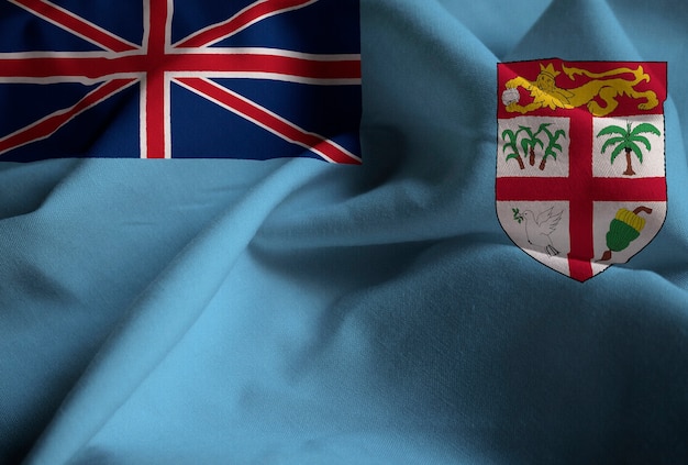 Primo piano di Ruffled Fiji Flag, Fiji Flag Blowing in Wind