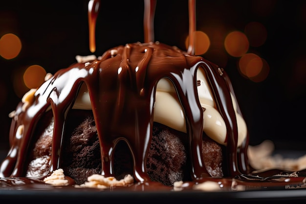 Primo piano di salsa al cioccolato spruzzato su torta o sundae