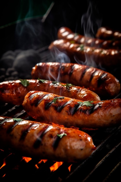 Primo piano di salsicce fritte al barbecue IA generativa