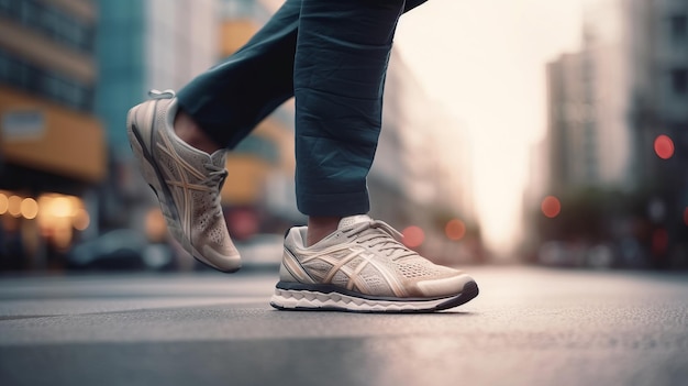 Primo piano di scarpe da ginnastica per strada al tramonto Al generato