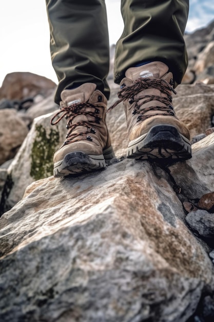 Primo piano di scarponcini da trekking che calpestano un terreno roccioso creato con l'IA generativa