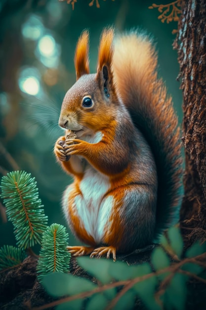 Primo piano di scoiattolo su albero con pigna in bocca IA generativa