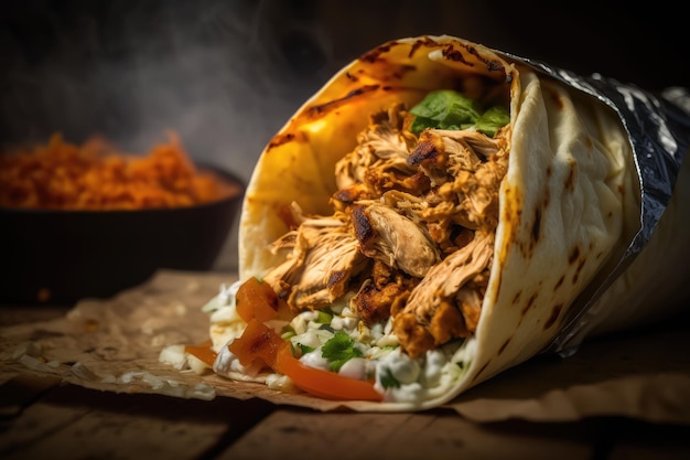 Primo piano di shawarma di pollo che mostra la sua consistenza a strati e i sapori creati con l'IA generativa