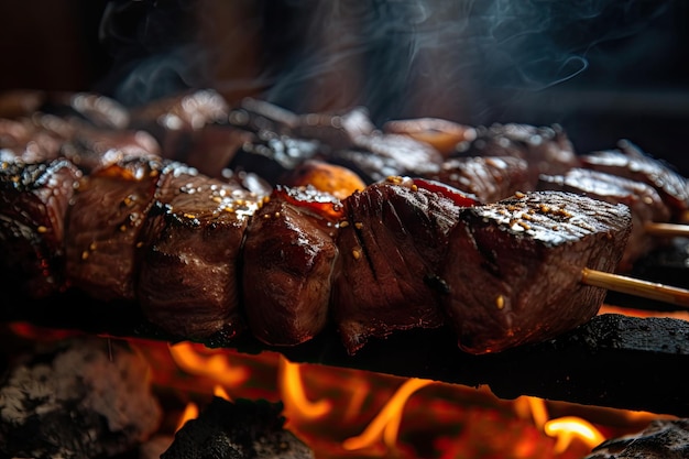 Primo piano di shishkabob di manzo appena grigliato con fumo e succhi sfrigolanti visibili