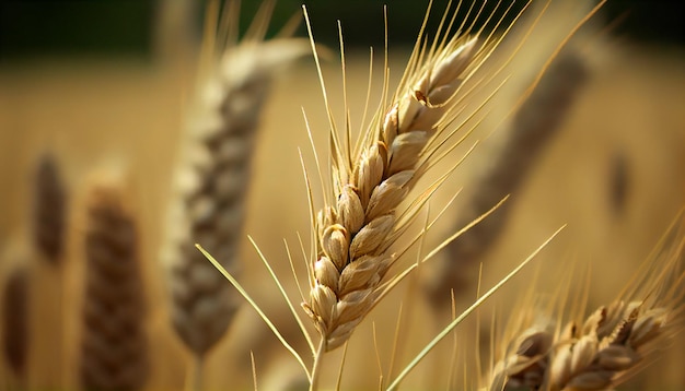 Primo piano di spighe di grano Campo di agricoltura di grano in estate Generativo Ai