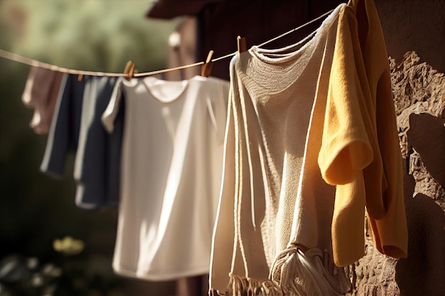 Primo piano di stendibiancheria con vestiti appena asciugati compresi asciugamani e lenzuola
