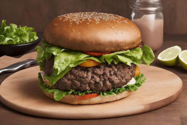 Primo piano di succoso hamburger di manzo con fotografia di cibo al formaggio arte generativa di AI