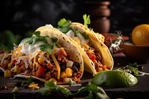 Primo piano di taco con ripieni caldi che fuoriescono creato con intelligenza artificiale generativa