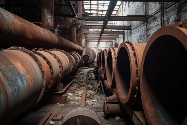 Primo piano di tubi metallici arrugginiti e macchinari in fabbrica abbandonata