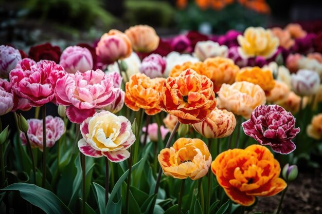 Primo piano di tulipani colorati in piena fioritura creati con l'IA generativa