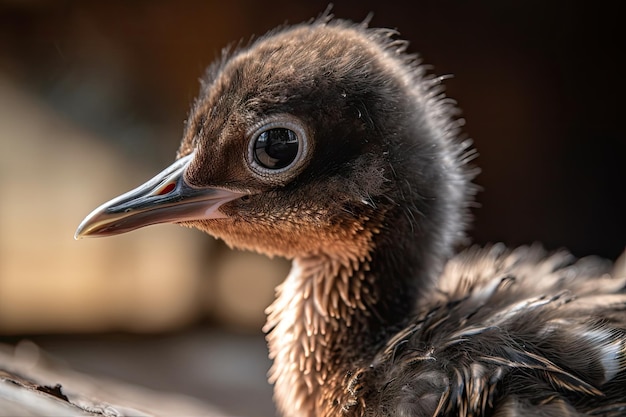 Primo piano di uccello appena nato con piume lanuginose e occhi spalancati creati con intelligenza artificiale generativa