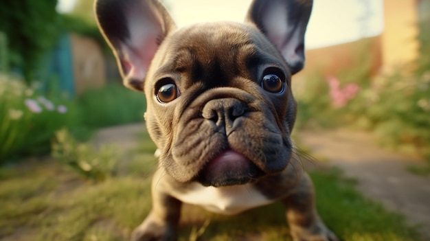 primo piano di un adorabile cucciolo di bulldog francese che sembra molto felice e desideroso