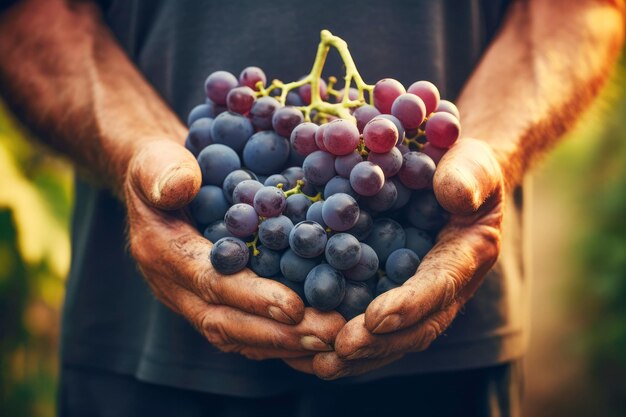 Primo piano di un agricoltore che raccoglie un abbondante raccolto di uva nel vigneto
