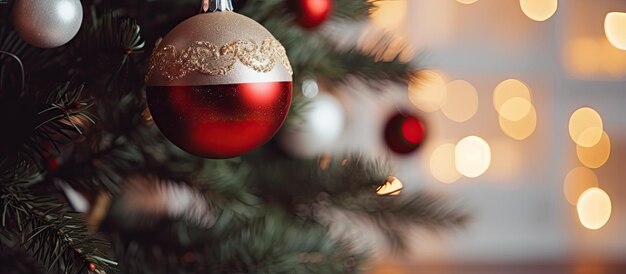 Primo piano di un albero di Natale ornato con decorazioni e ornamenti per una gioiosa stagione festiva