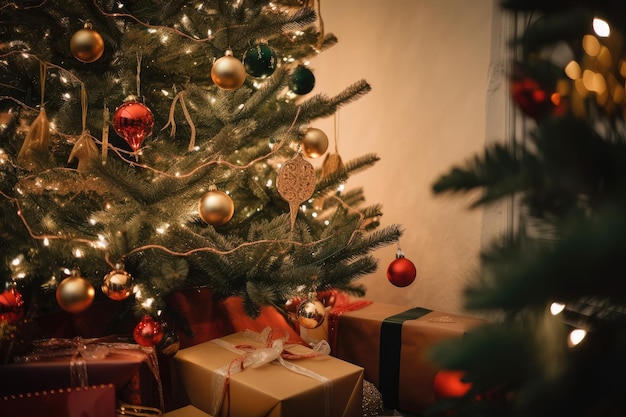 Primo piano di un albero di Natale splendidamente decorato con regali sotto