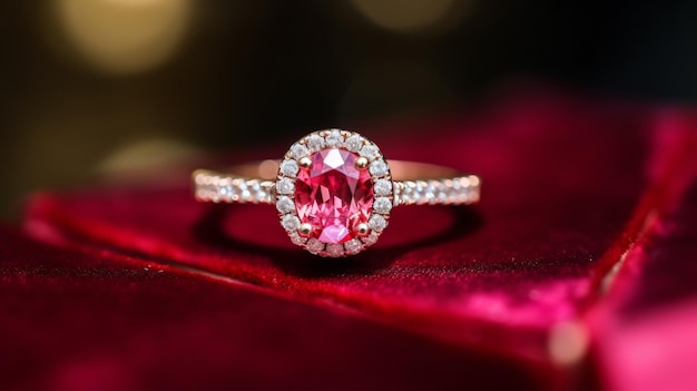 Primo piano di un anello rosso rubino siamese con diamanti