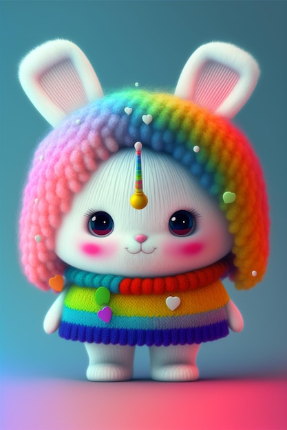 Primo piano di un animale di peluche che indossa un cappello arcobaleno generativo ai