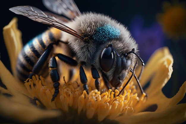 Primo piano di un'ape che raccoglie polline da un'ape di fiori che impollina un fiore