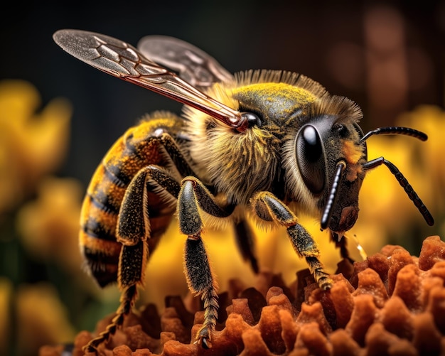 Primo piano di un'ape mellifica con peli e strisce su un'ape impollinatrice di fiori d'arancio con Det stupefacente