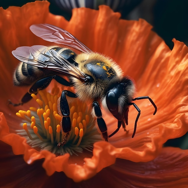 Primo piano di un'ape su un fiore che raccoglie polline e miele Generazione AI