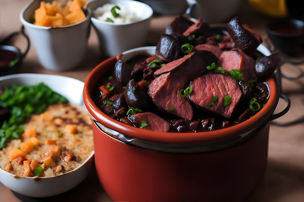 Primo piano di un'appetitosa Feijoada brasiliana tradizionale e piena di sapore con la sua carne succosa e fagioli neri cremosi Generated by AI