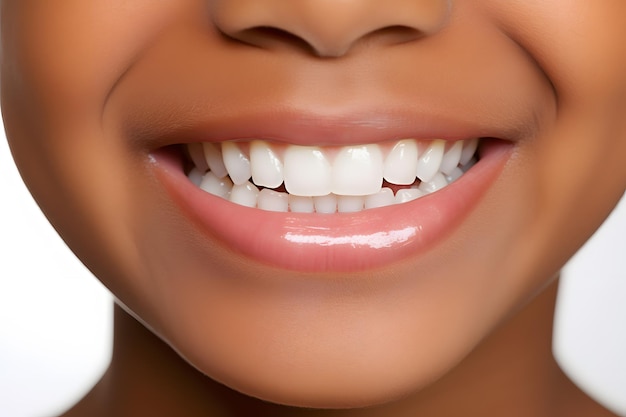 primo piano di un bambino afroamericano sorridente con bellissimi denti per la pubblicità delle cure odontoiatriche dei bambini