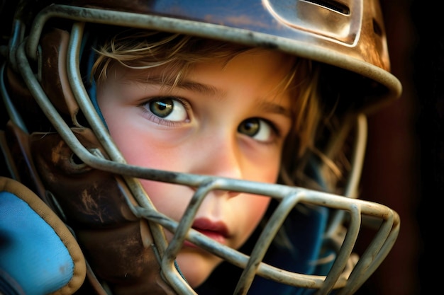 Primo piano di un bambino che indossa un casco da baseball