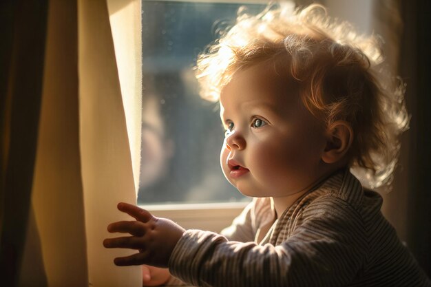 Primo piano di un bambino da solo in una stanza con finestra e luce naturale