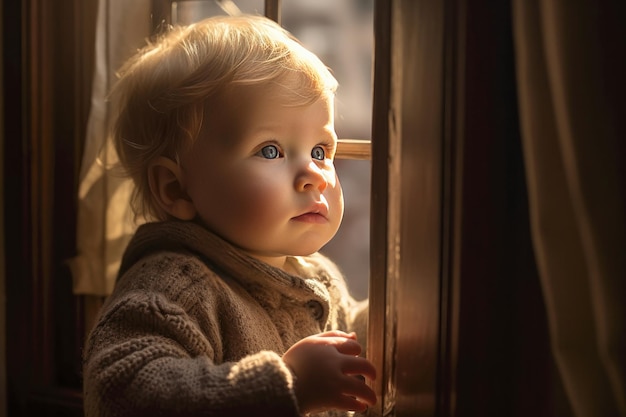 Primo piano di un bambino da solo in una stanza con finestra e luce naturale