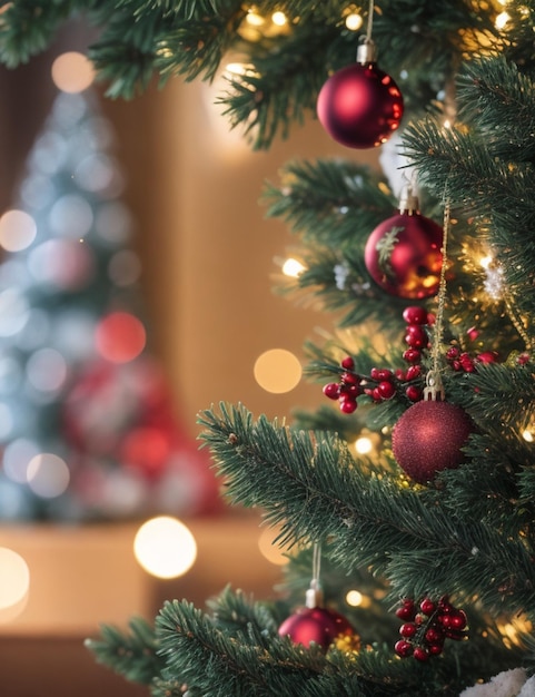 Primo piano di un bellissimo albero di Natale su un accogliente sfondo sfocato