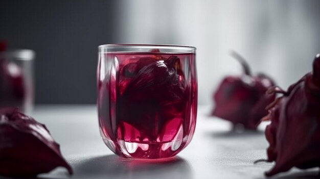 Primo piano di un bicchiere di succo di rosella rosso su uno sfondo scuro ai generativo