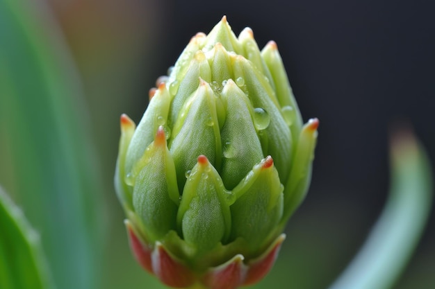 Primo piano di un bocciolo con gocce di rugiada sui suoi petali pronti a fiorire creato con ai generativo