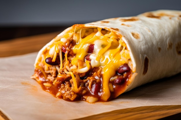 Primo piano di un burrito chili con carne con formaggio fuso croccante a guscio di tortilla