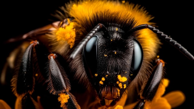 Primo piano di un calabrone con esplosione di polline di fiori gialli IA generativa