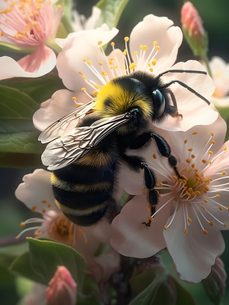 Primo piano di un calabrone su un fiore che raccoglie polline e generazione di miele AI