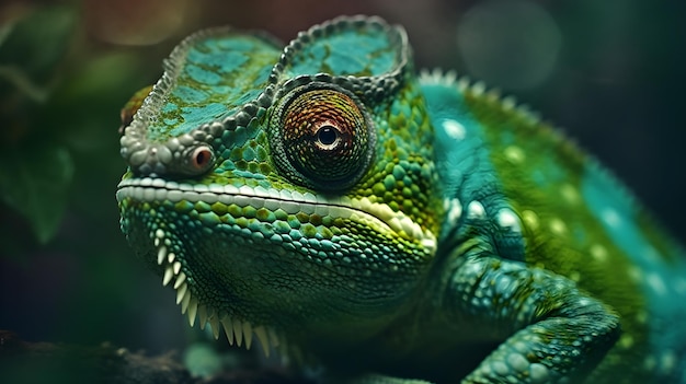 Primo piano di un camaleonte verde su un ramo con sfocatura sullo sfondo