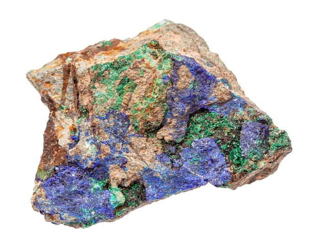 primo piano di un campione di minerale naturale proveniente da collezioni geologiche Azurite grezzo e Malachite su roccia isolata su sfondo bianco